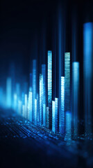 Financial data bar chart blue glow abstract technology pulse in futuristic city skyline