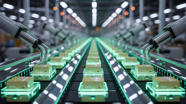 Automated robotic arms assembling products on smart conveyor belt - Powered by Adobe