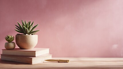 Still life with succulents in pots on books and a gold pen against a pink background wall space