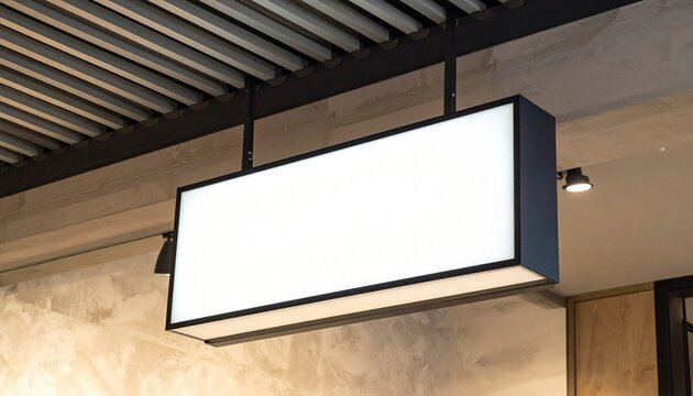 Blank white illuminated signboard mockup hanging from the ceiling in a modern commercial interior space with textured walls, ready for custom branding or message display - Powered by Adobe