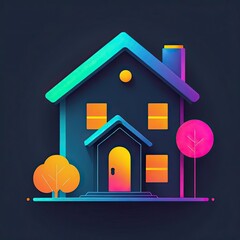 Colorful abstract illustration of a modern house with vibrant trees against a dark background creating a lively atmosphere