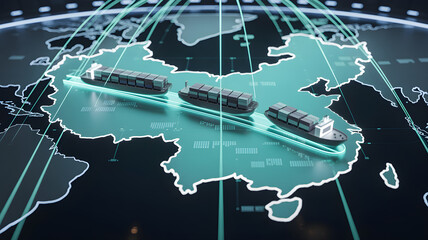 Cargo ships navigating on china map global trade