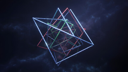 Abstract geometric wireframe structure floating in dark space