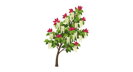 Fototapeta premium Vibrant Illustrated Tree with Red and White Flowers and Green Leaves.