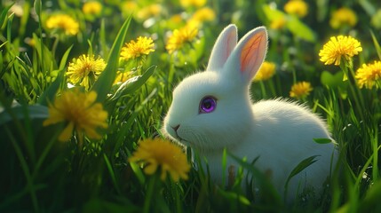 Adorable white rabbit in flower field