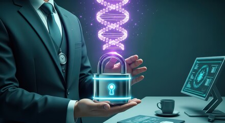 Businessman holding glowing padlock with D N A strand above desk with computer and coffee cup
