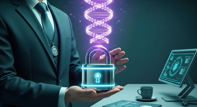 Businessman holding glowing padlock with D N A strand above desk with computer and coffee cup