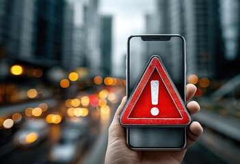 A person holds a smartphone displaying a red warning symbol with a blurred city street and traffic in the background.