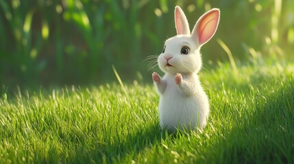 Cute white rabbit in grass