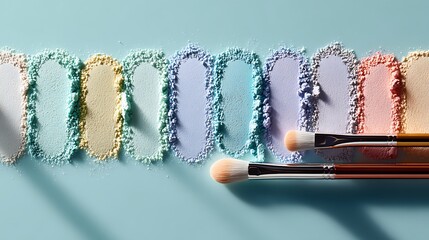Pastel eyeshadow swatches with makeup brushes on a light blue background in a horizontal composition