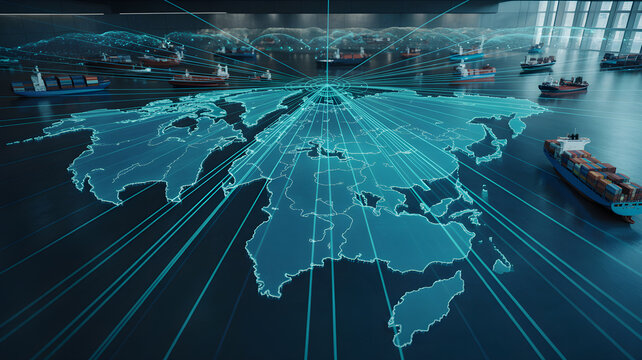 Global supply chain connecting world map shipping container