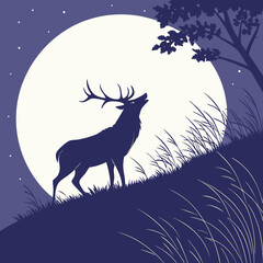 vector illustration of a deer | Deer Howling at the Full Moon | Stag Silhouette against a Moonlit Sky