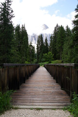 Wooden bridge leading through lush green forest towards majestic mountain peak under a cloudy sky with copy space