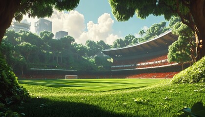Obraz premium A modern soccer stadium is surrounded by dense trees and vegetation, overlooking a futuristic cityscape under a partly cloudy sky.