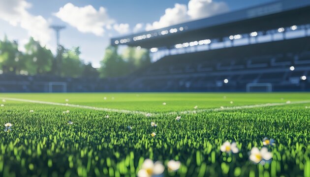 The image shows a soccer field with short, bright green grass, white lines marking the field, and several small white flowers scattered throughout the grass; a blurred stadium and sky are visible in