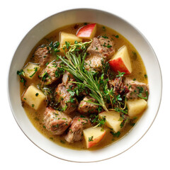 hearty pork and apple stew with fresh herbs, featuring tender meat and diced apples in savory broth, perfect for comfort food lovers [Transparent Background PNG].