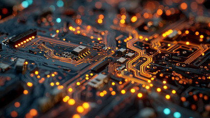 Illuminated circuit board intricate design glowing pathways technology components