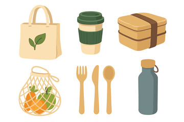 Zero waste lifestyle items set for sustainable living. Eco-friendly collection of reusable objects: tote bag, coffee cup, bento box, wooden cutlery, and water bottle.