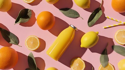 Flat lay of citrus fruits and juice bottle with leaves on a pink surface in bright studio lighting