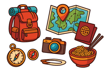 Travel essentials icon set for adventure and tourism. Vector cartoon illustration of journey items like backpack, map, passport, camera, compass, and asian noodles food.
