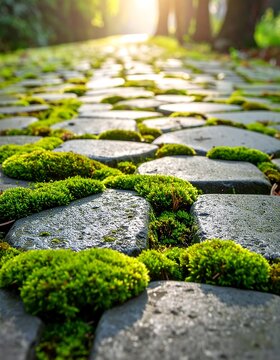 Moss-covered cobblestone path in sunlight