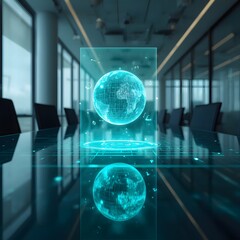 Futuristic Holographic Globe Display on Conference Table in Modern Office Boardroom