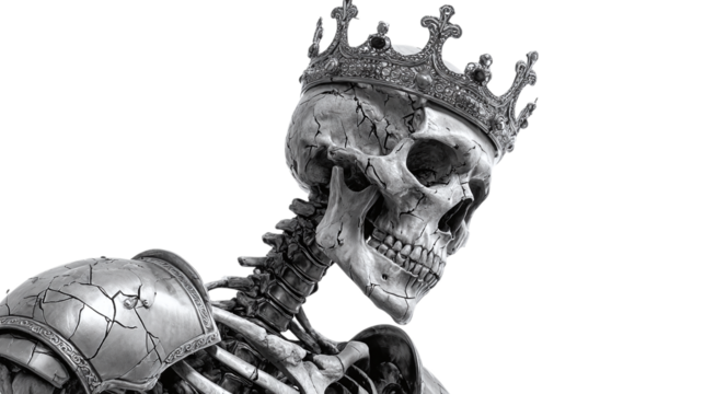 Skeletal king with crown isolated on transparent background