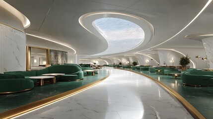 Futuristic interior with green sofas and marble floors under a skylight in a modern building
