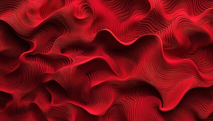 Red abstract background with wavy lines and waves. The pattern is made of 3D shapes in the form of waves, curves, and textures in a red color. Abstract red background for design, banner, cover