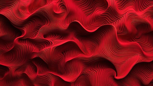 Red abstract background with wavy lines and waves. The pattern is made of 3D shapes in the form of waves, curves, and textures in a red color. Abstract red background for design, banner, cover