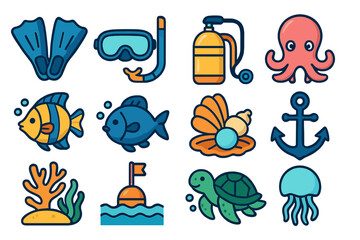Scuba diving icon set with sea animals. Snorkeling equipment and marine life collection. Underwater activity symbols. Vector cartoon illustration of fish, octopus, turtle, anchor.