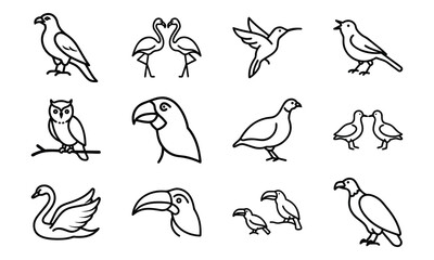 Set of Bird Silhouettes in Line Art Style – Parrot, Swan, Owl, Flamingo, Hummingbird, Toucan, Vulture, and Flying Birds Outline Icons on White Background