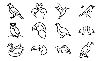Set of Bird Silhouettes in Line Art Style – Parrot, Swan, Owl, Flamingo, Hummingbird, Toucan, Vulture, and Flying Birds Outline Icons on White Background