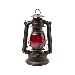 Antique kerosene lantern with red glass globe.  Perfect for vintage, rustic, or historical themes.