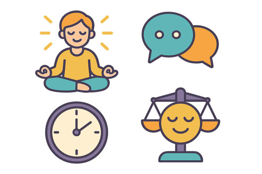 Wellness and mindfulness icon set for mental health. Vector icons of meditation, communication, time management, and emotional balance. Self-care and work-life balance concept.
