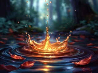 Golden liquid stream falling into blue water creating glowing whirlpool, fantasy magical energy flow with vibrant reflections, generative AI illustration