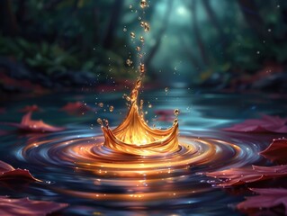 Golden liquid stream falling into blue water creating glowing whirlpool, fantasy magical energy flow with vibrant reflections, generative AI illustration