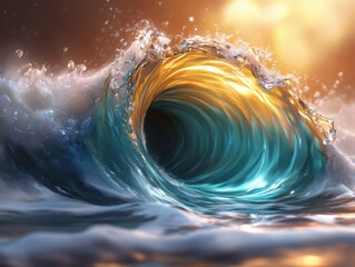 Huge ocean wave tunnel illuminated by golden sunset light, realistic 3D render, dramatic seascape with glowing water, generative AI