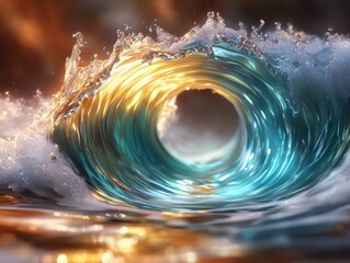 Huge ocean wave tunnel illuminated by golden sunset light, realistic 3D render, dramatic seascape with glowing water, generative AI
