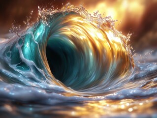 Huge ocean wave tunnel illuminated by golden sunset light, realistic 3D render, dramatic seascape with glowing water, generative AI