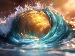 Huge ocean wave tunnel illuminated by golden sunset light, realistic 3D render, dramatic seascape with glowing water, generative AI