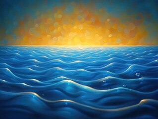 Abstract ocean waves at sunset with glowing horizon, surreal painting-like seascape, shiny blue water surface with bubbles, generative AI