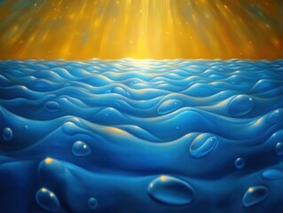 Abstract ocean waves at sunset with glowing horizon, surreal painting-like seascape, shiny blue water surface with bubbles, generative AI