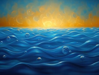 Abstract ocean waves at sunset with glowing horizon, surreal painting-like seascape, shiny blue water surface with bubbles, generative AI