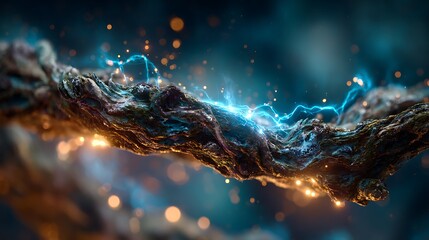 A textured branch illuminated by blue electrical discharge and golden bokeh particles around it