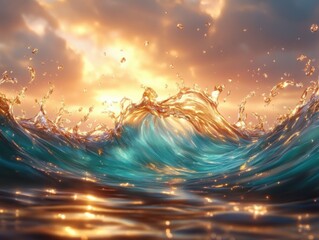 Golden sunlight shining on turquoise ocean waves, abstract water splash background, surreal seascape in fantasy style, generative AI