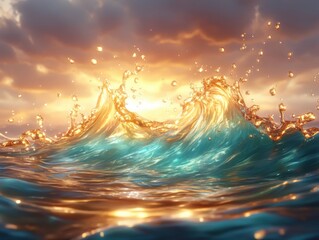 Golden sunlight shining on turquoise ocean waves, abstract water splash background, surreal seascape in fantasy style, generative AI