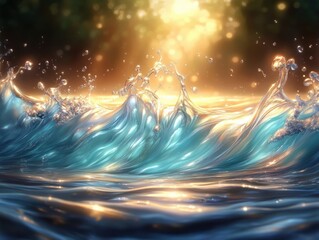 Golden sunlight shining on turquoise ocean waves, abstract water splash background, surreal seascape in fantasy style, generative AI