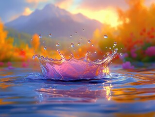 Magical water splash glowing with pink and orange light, 3D render, surreal liquid explosion, fantasy element design, generative AI