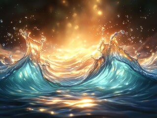 Golden sunlight shining on turquoise ocean waves, abstract water splash background, surreal seascape in fantasy style, generative AI